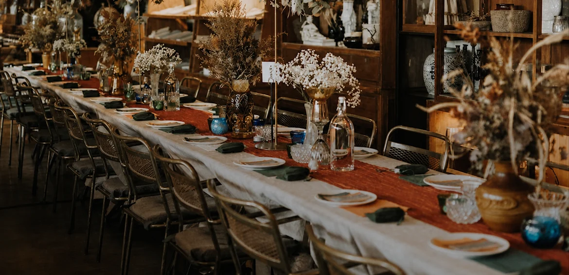 The wedding reception setting at Rowan and Parsley
